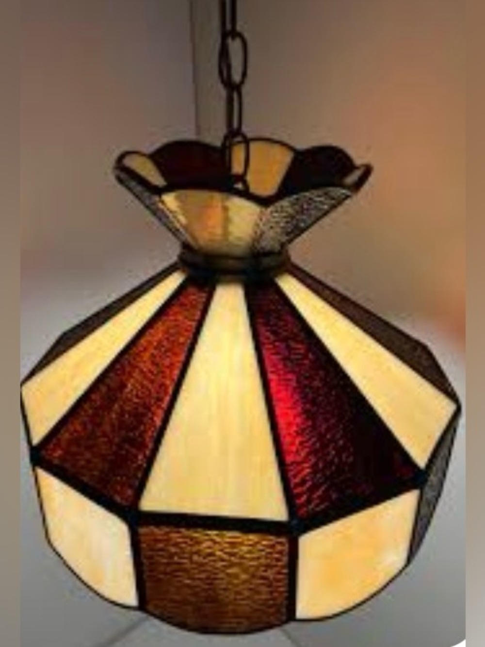 Vintage Stained Slag Glass Pendant Light Cream and Brown Statement Mood Lighting